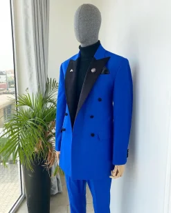 A Royal Blue Peak Double Breasted Velvet Lapel Suit