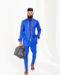 A Royal Blue 3-piece Kaftan, Black Hat Patterned Jacket