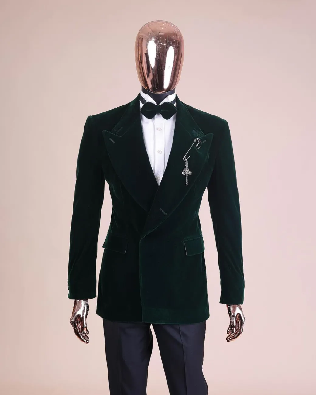 A Sacramento green “agama” soaked velvet peak lapel single button double breasted suit with lizard patch
