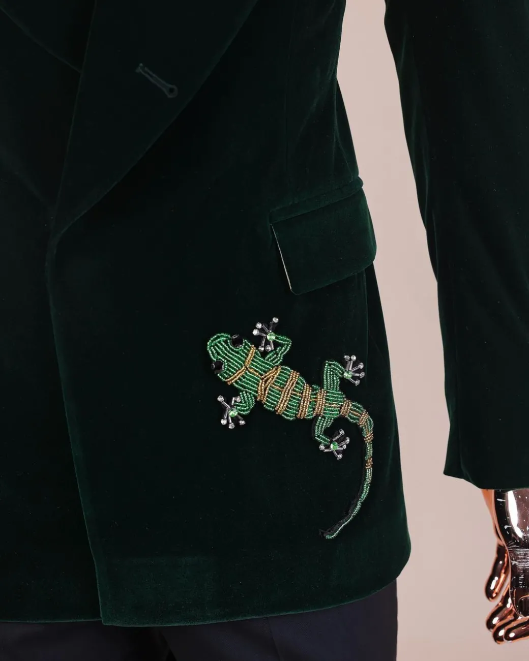 A Sacramento green “agama” soaked velvet peak lapel single button double breasted suit