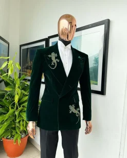 A Sacramento green “agama” soaked velvet peak lapel single button double breasted suit