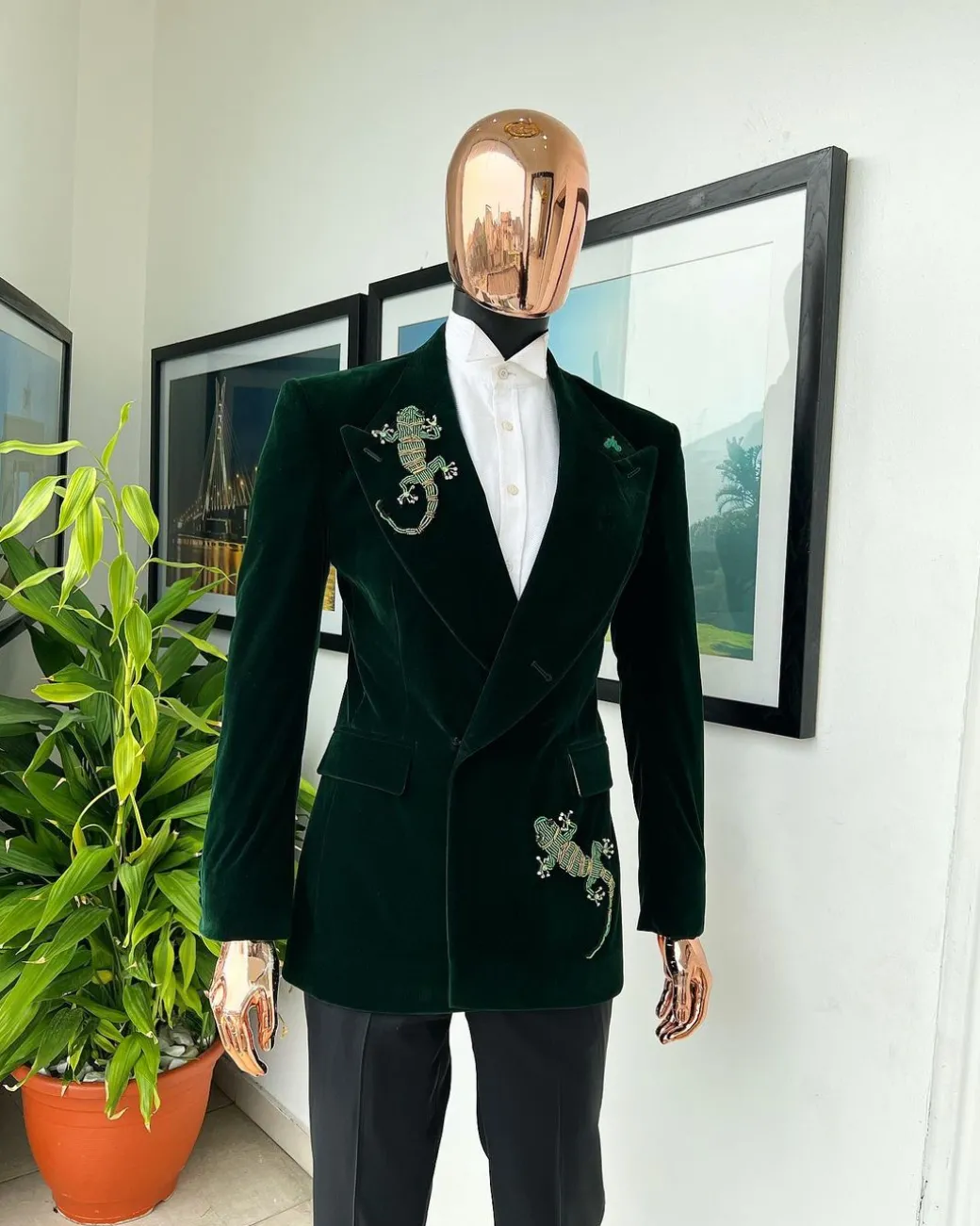 A Sacramento green “agama” soaked velvet peak lapel single button double breasted suit