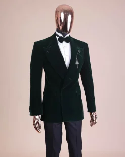 A Sacramento green “agama” soaked velvet peak lapel single button double breasted suit with lizard patch
