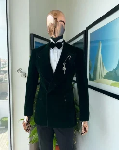 A Sacramento green “agama” soaked velvet peak lapel single button double breasted suit with lizard patch