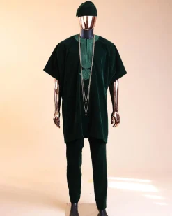 A Sacramento green daftan, sokoto & Fila Yoruba African native.