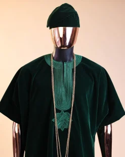 A Sacramento green daftan, sokoto & Fila Yoruba African native.