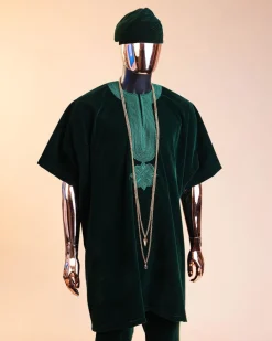 A Sacramento green daftan, sokoto & Fila Yoruba African native.