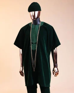 A Sacramento green daftan, sokoto & Fila Yoruba African native.