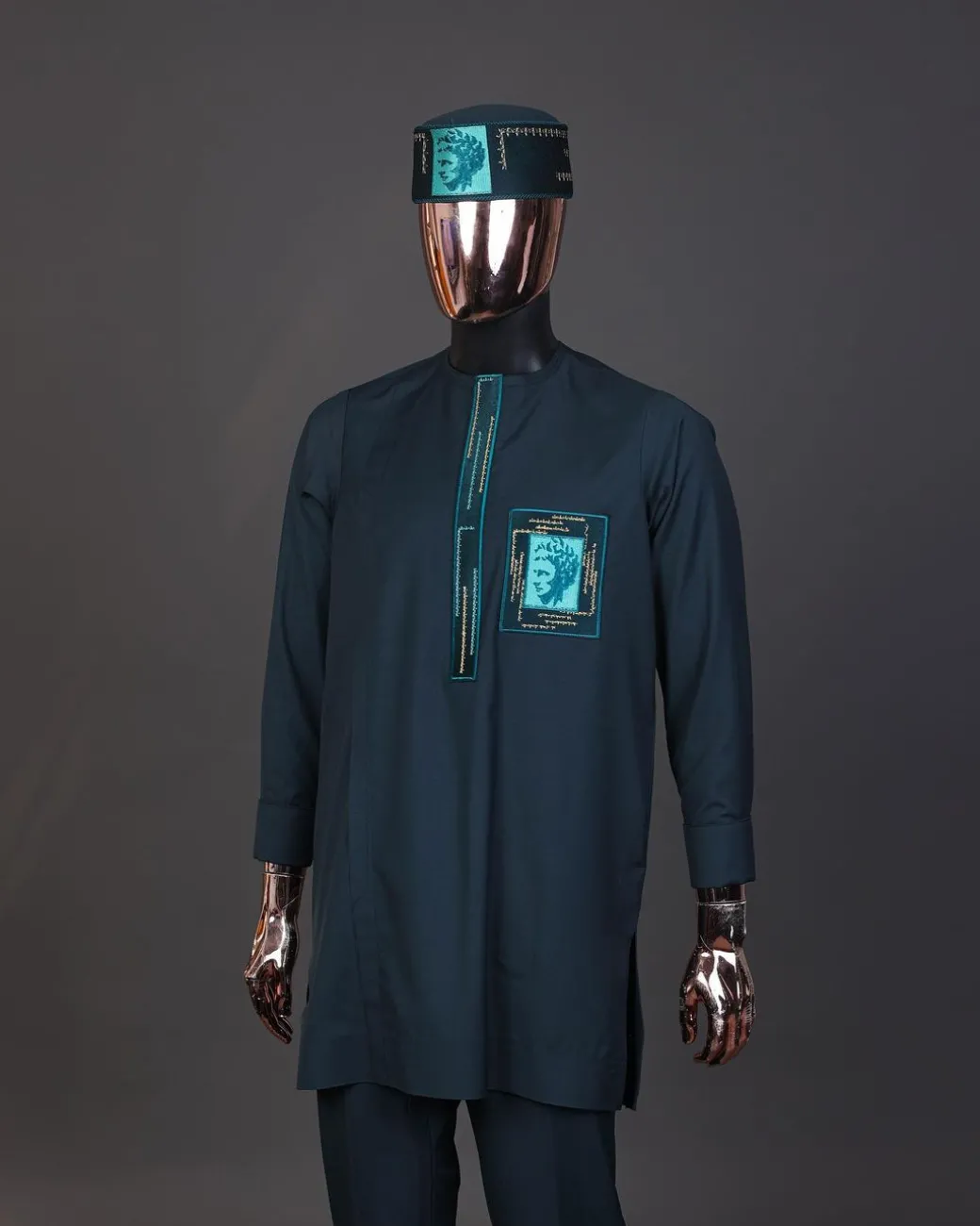 A Sacramento green, mama Charlie on gold embroidery details, long-sleeve Kaftan, hat and Sokoto