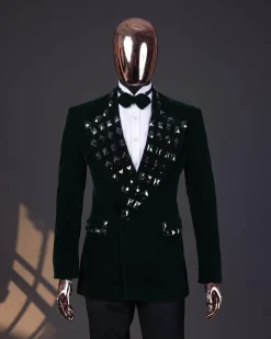 A Sacramento green soaked velvet peak lapel single button double breasted suit