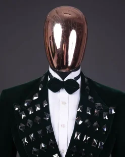 A Sacramento green soaked velvet peak lapel single button double breasted suit