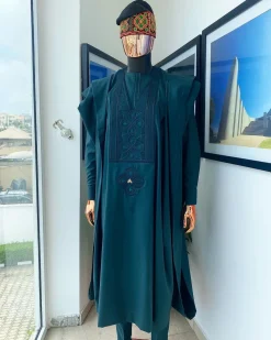 A Sacramento Green With Connected Embroidery Agbada
