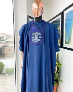 A Sapphire Blue, Broken Patterns Embroidery Detailing Agbada