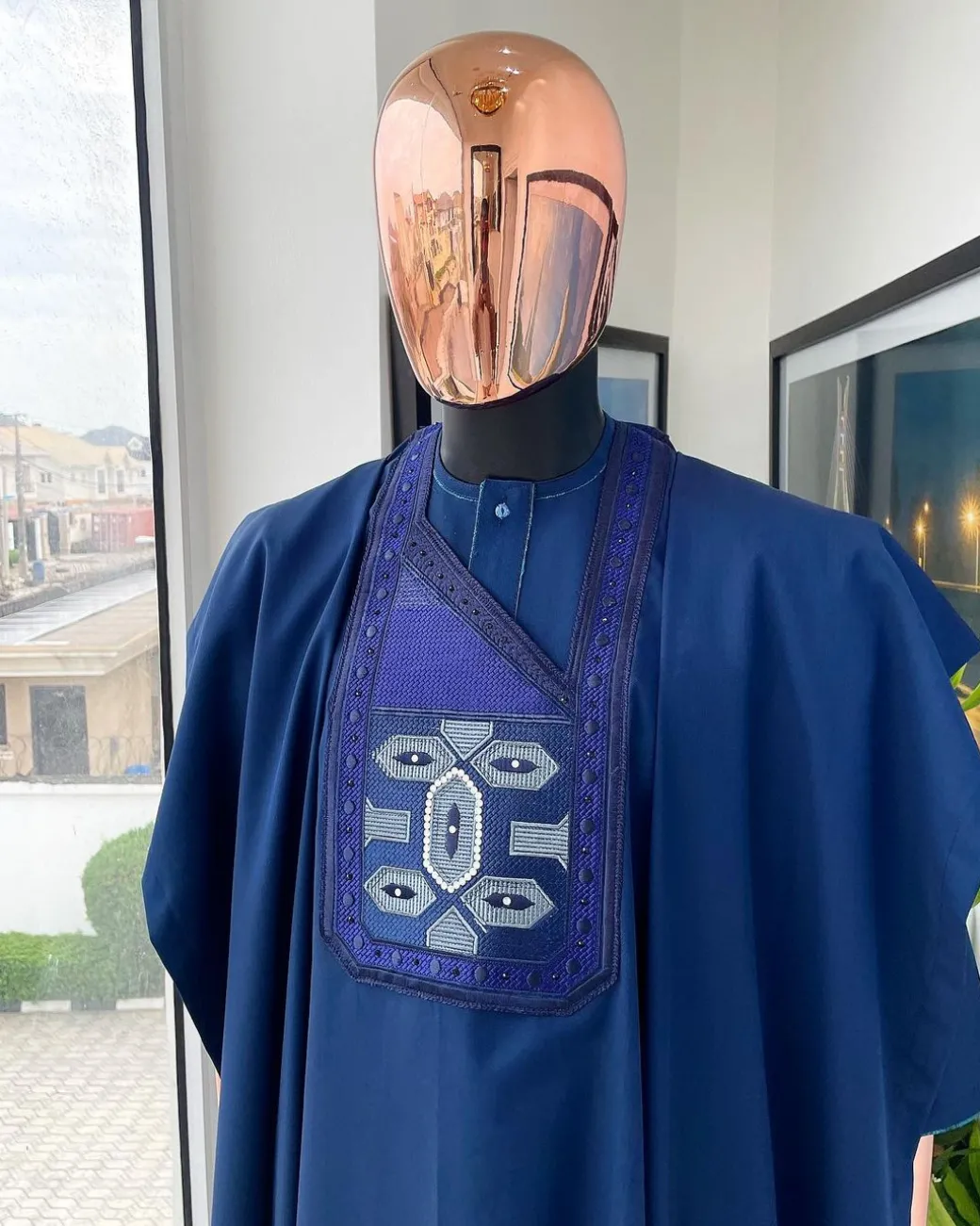 A Sapphire Blue, Broken Patterns Embroidery Detailing Agbada