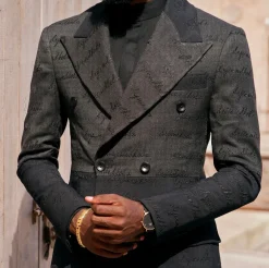 A “scritto” black and grey mix – inscribe your name (dejiandkola) – black embroidery double breasted suit