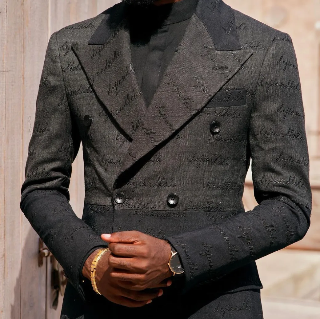 A “scritto” black and grey mix – inscribe your name (dejiandkola) – black embroidery double breasted suit