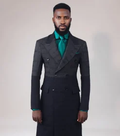 A “scritto” black and grey mix – inscribe your name (dejiandkola) – black embroidery double breasted suit
