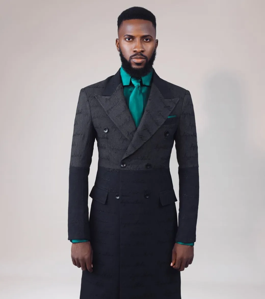 A “scritto” black and grey mix – inscribe your name (dejiandkola) – black embroidery double breasted suit