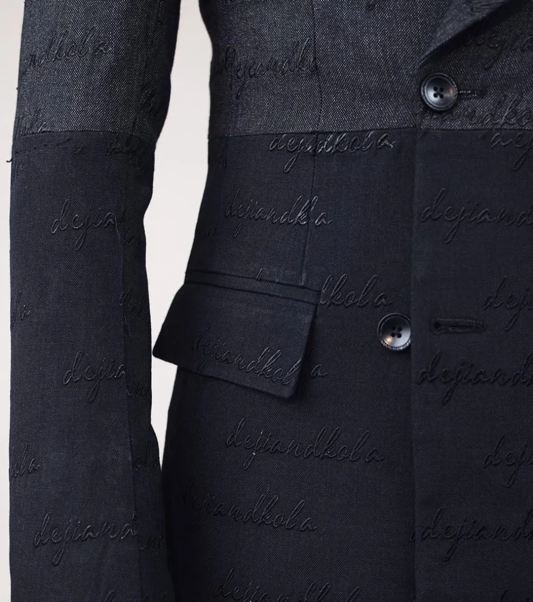 A “scritto” black and grey mix – inscribe your name (dejiandkola) – black embroidery double breasted suit