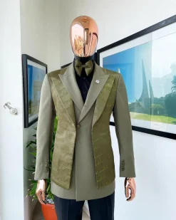 A “scritto” (inscribe your name) dark olive green, layered 4 lapel suit