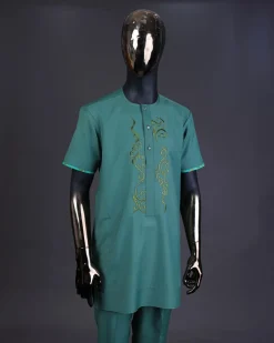 A Sea green, floral embroidery with matching Swarovski button detailing kaftan