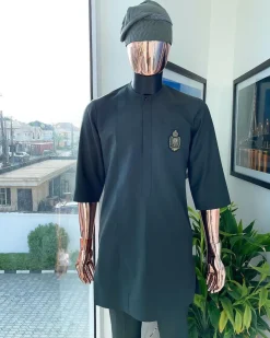 A seaweed green, front flap design & Swarovski button details, hand embroidery african traditional senator kaftan native.