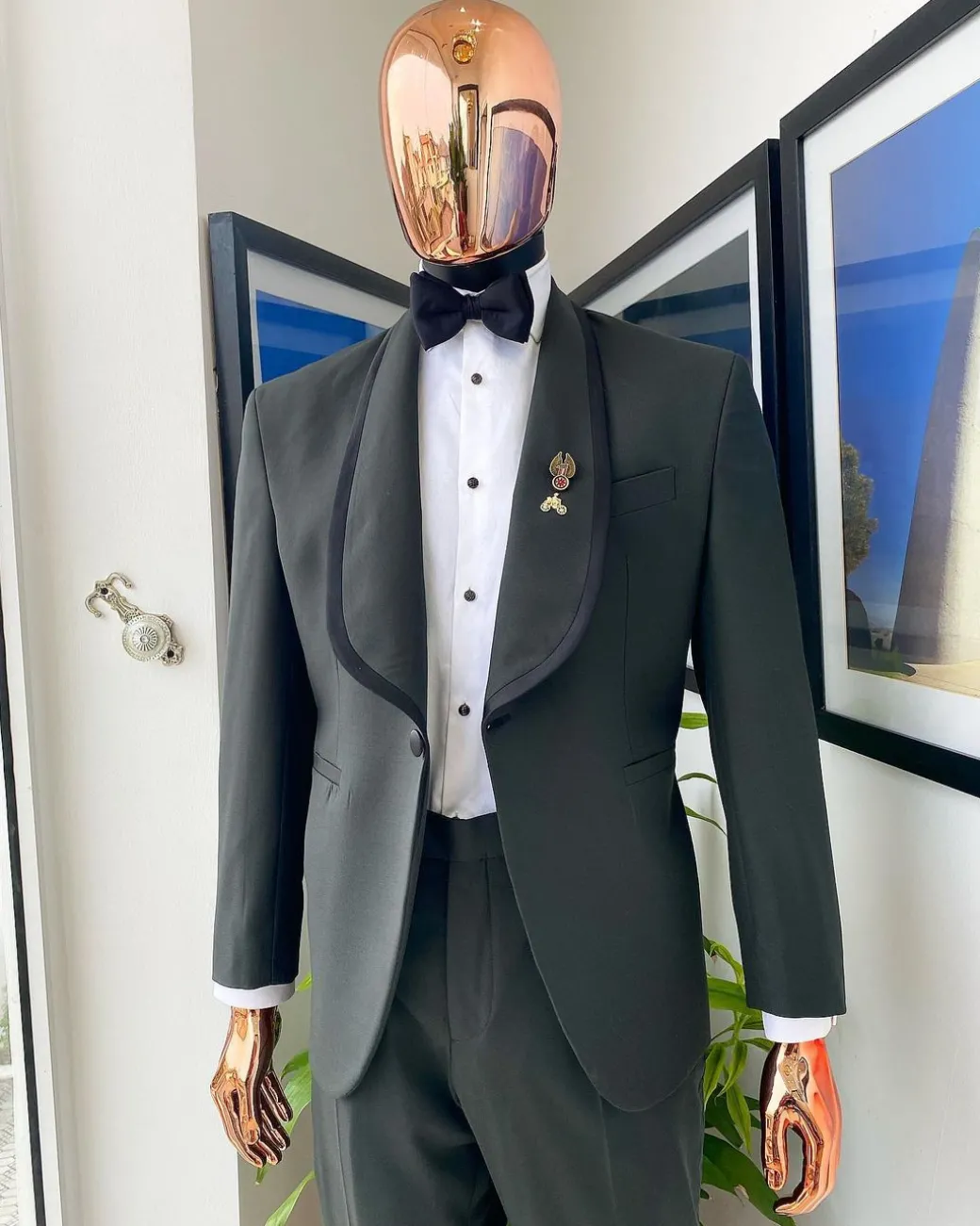 A Seaweed Green Shawl Satin Taped Lapel Tuxedo Suit.