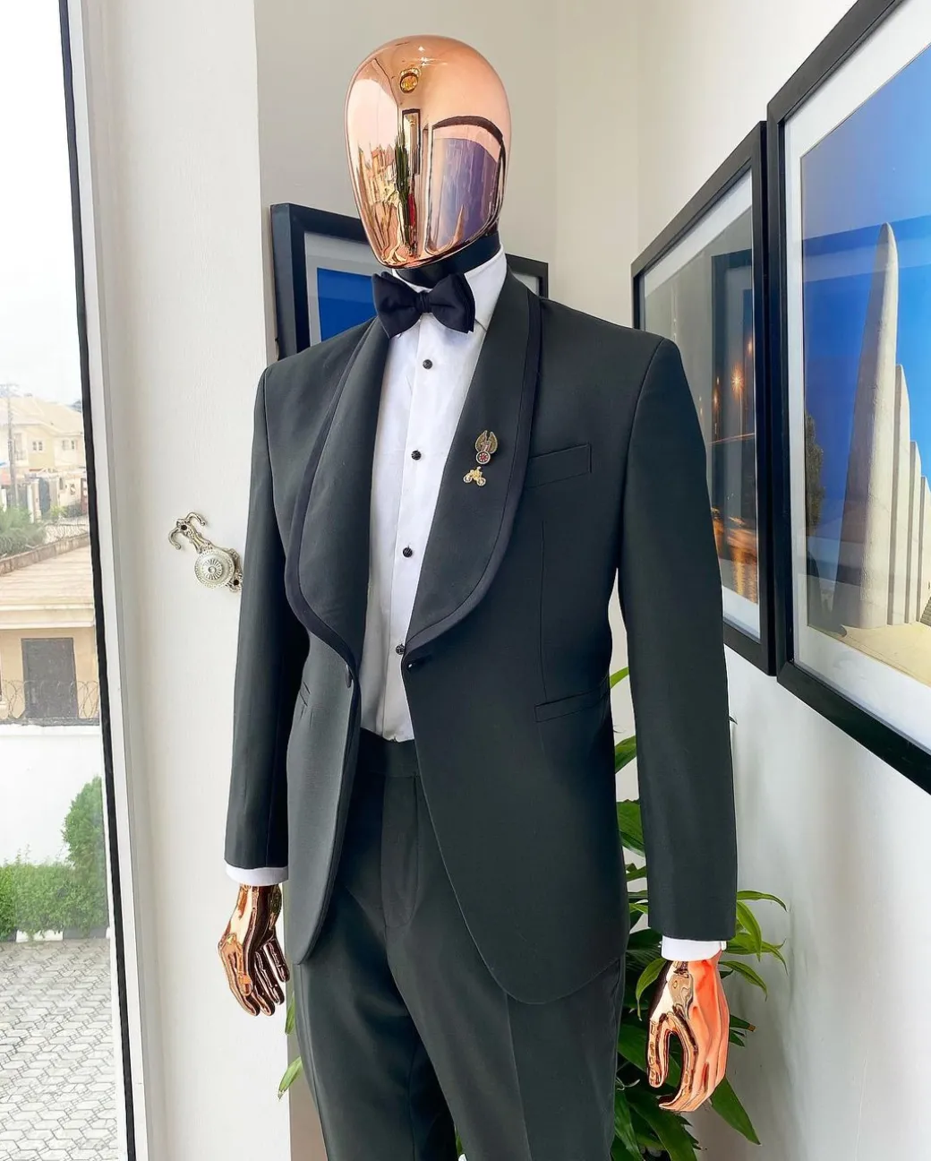 A Seaweed Green Shawl Satin Taped Lapel Tuxedo Suit.