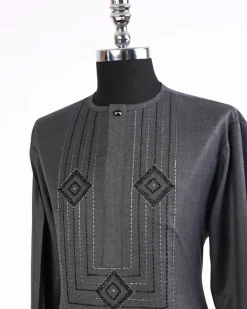 A Shadow Grey, front flap with connected cube, black Swarovski button and stones detailing african traditional senator kaftan native.