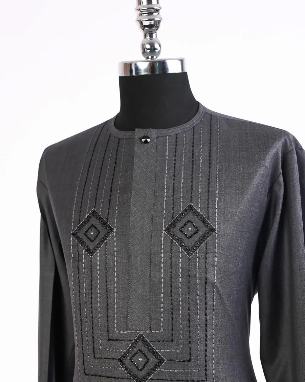 A Shadow Grey, front flap with connected cube, black Swarovski button and stones detailing african traditional senator kaftan native.
