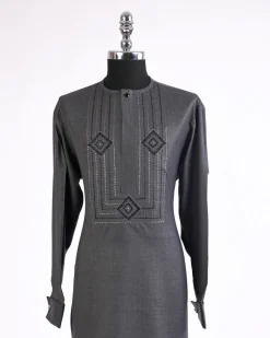 A Shadow Grey, front flap with connected cube, black Swarovski button and stones detailing african traditional senator kaftan native.