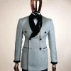 A shawl lapel, Double breathed, pick stitched splashed navy mint green, cream metallic jacquard tuxedo suit