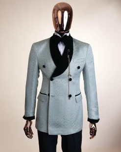 A shawl lapel, Double breathed, pick stitched splashed navy mint green, cream metallic jacquard tuxedo suit
