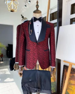 A Shawl lapel jacquard patterned burgundy tuxedo suit