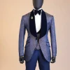 A shawl lapel, splashed navy blue, orange and silver metallic jacquard tuxedo suit