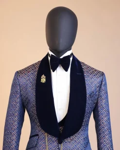 A shawl lapel, splashed navy blue, orange and silver metallic jacquard tuxedo suit
