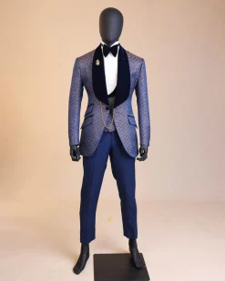 A shawl lapel, splashed navy blue, orange and silver metallic jacquard tuxedo suit