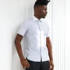 A Short sleeve, boxed layered lilac and white, check casual shirt.