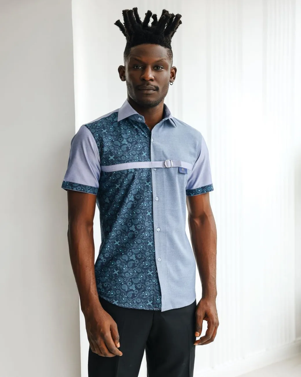 A Short sleeve, prints & plain with metal strap overlay casual shirt.