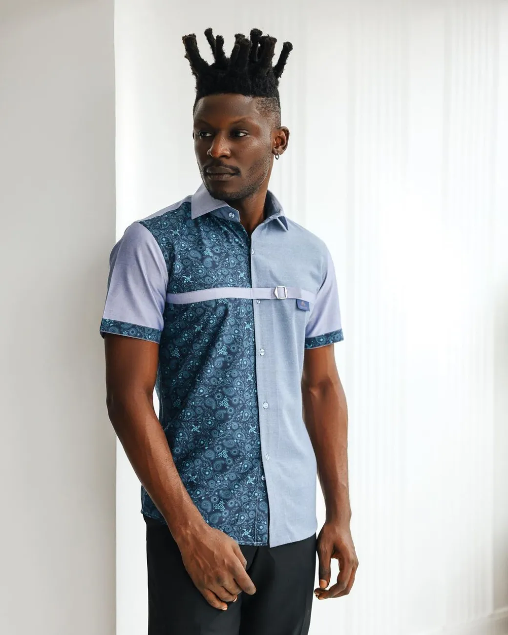 A Short sleeve, prints & plain with metal strap overlay casual shirt.
