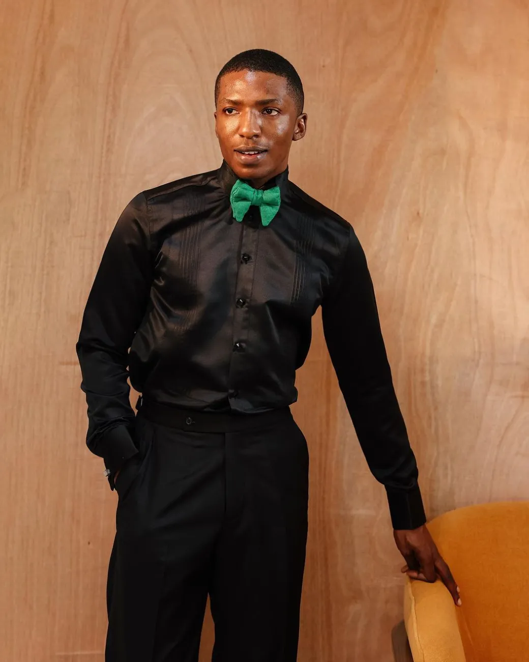 A Silk, Charcoal Black, Pleated Tuxedo Shirt.