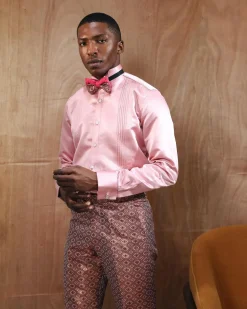 A Silk, Pink, Wing Collar, Pleated Tuxedo Shirt