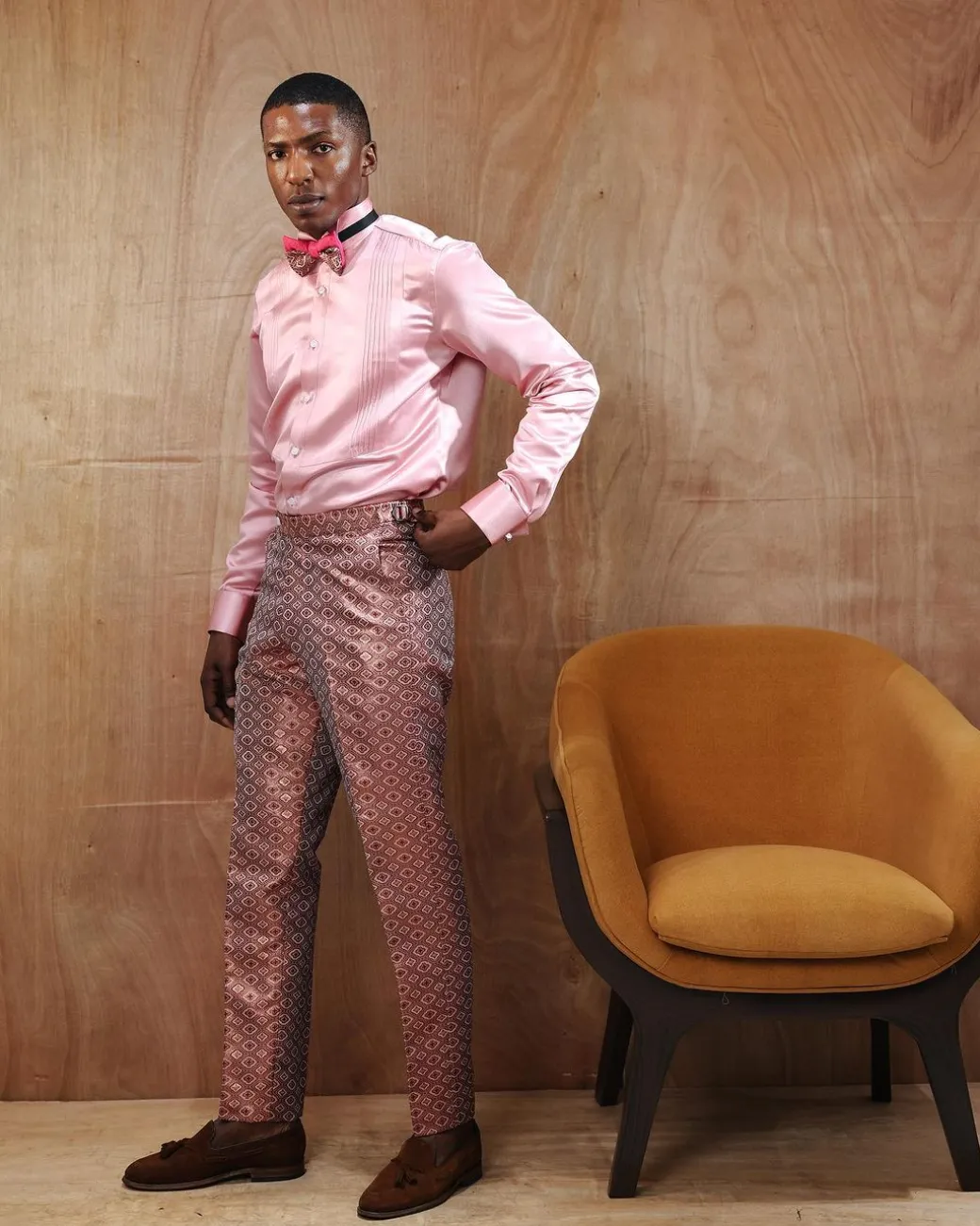 A Silk, Pink, Wing Collar, Pleated Tuxedo Shirt