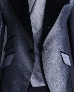 A Silver and black, knitted, jacquard peak lapel tuxedo suit