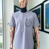 A silver grey, padded ruffles pocket detailing African traditional senator Kaftan native.