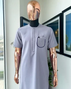 A silver grey, padded ruffles pocket detailing African traditional senator Kaftan native.