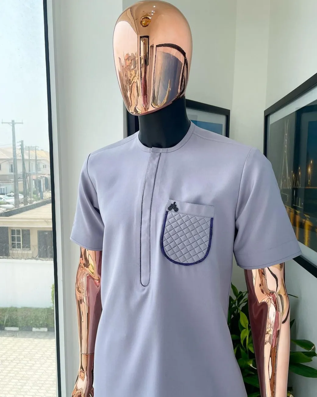 A silver grey, padded ruffles pocket detailing African traditional senator Kaftan native.