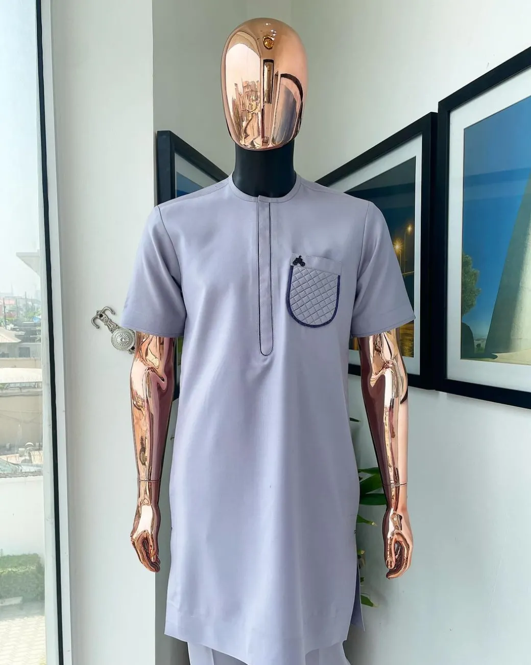 A silver grey, padded ruffles pocket detailing African traditional senator Kaftan native.