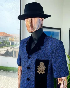 A Sky Blue And Splash Of Navy Blue Floral Jacquard Notch Lapel, Short-Sleeve Safari Suit