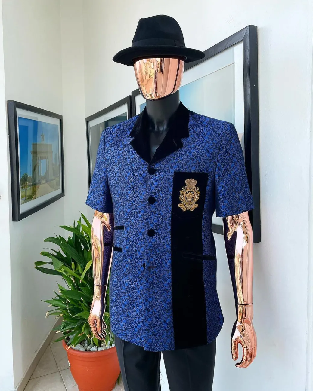 A Sky Blue And Splash Of Navy Blue Floral Jacquard Notch Lapel, Short-Sleeve Safari Suit